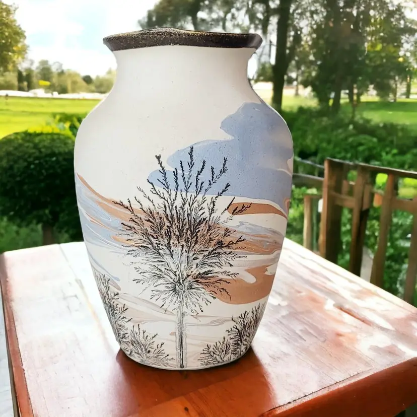 Vintage Sevierville Pottery Tennessee Hand Painted Trees Swirl Vase 6"