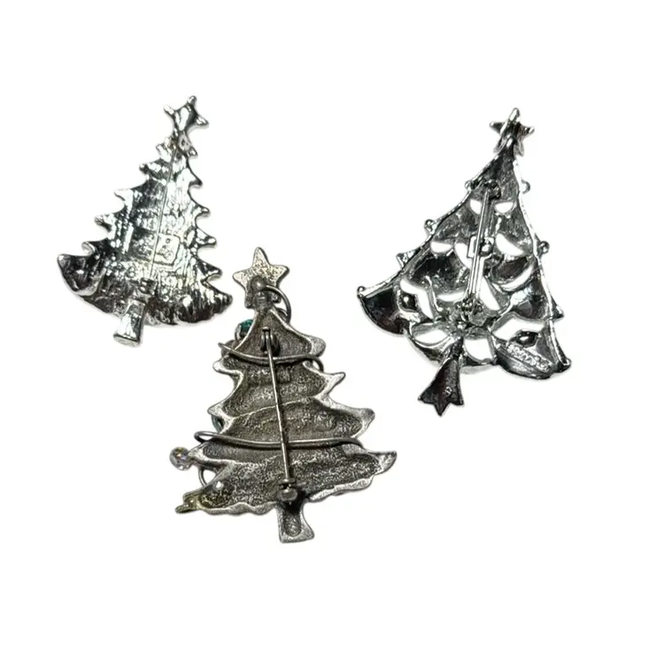 A Trio Of Trees -  Vintage Silvertone & AB Rhinestones Signed Christmas Tree Brooches -  Gerry’s, AAI & Pewter - 2.25”