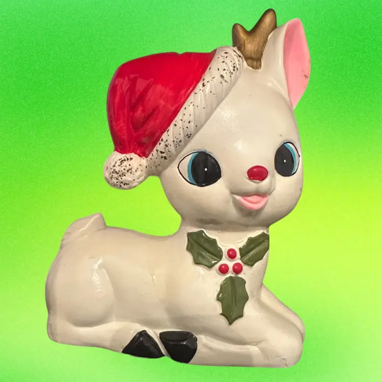 KN Japan Rare Christmas Kitsch Deer Figurine With Santa Hat 6.25”