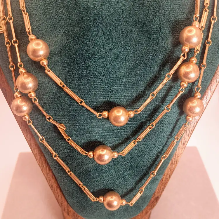 Vintage 1950s Brass Ball and Chain 3 Strand Necklace