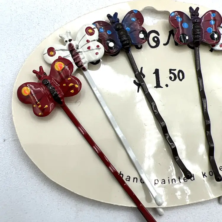 Vintage Hand Painted Metal Butterfly Bobby Hair Pins 1980s NEW Coronet Korea