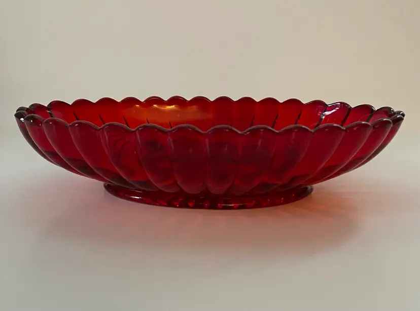 Red Imperial Glass Pillar Flute Oval Relish Dish Vintage 8.5” X 5.25 X 2”