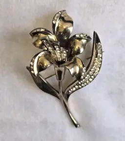 Old Art Deco Style Large Heavy Signed Sterling Silver Rhinestone Flower Lily Brooch Pin 46g Vintage