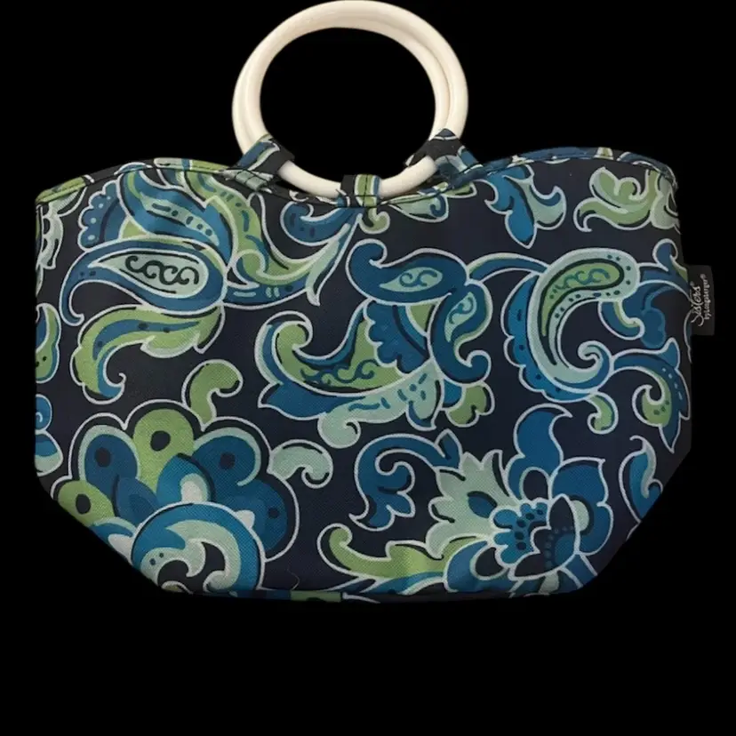 Longaberger Sisters Lunch Tote- Blue/green Paisley -Easy Clean Inside/Out- 13” W x 12” Tall - White Plastic Handles