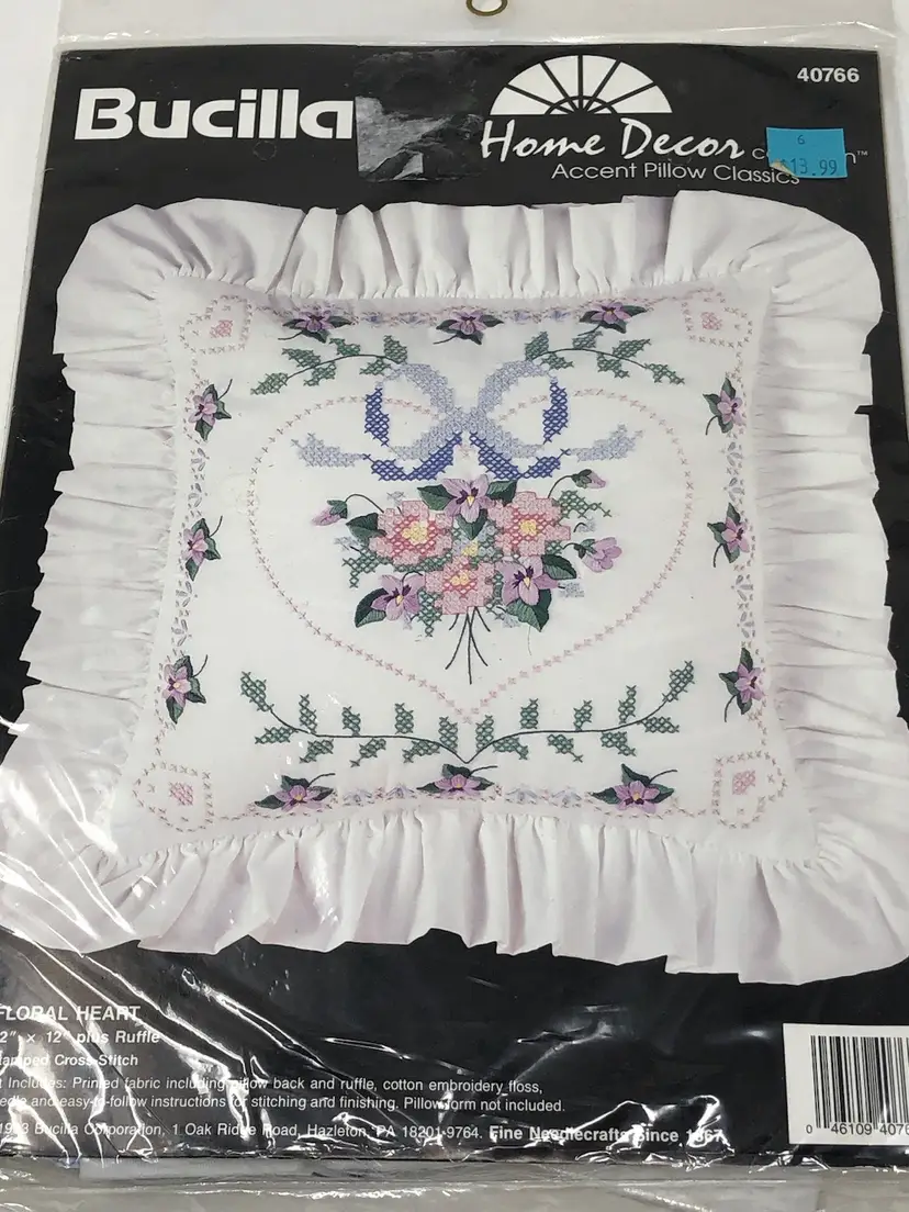 Bucilla Stamped Cross-Stitch Floral Heart Pillow Kit 1993