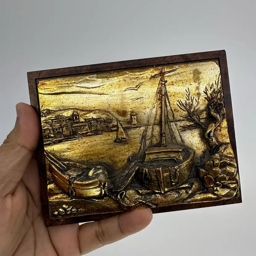 Vtg 3D Bas-Relief Sailboats Middle Eastern Houses Wall Plaque