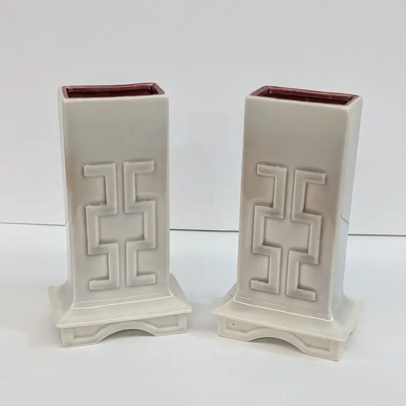 Vintage Roselane Pottery Chinese Art Deco Modern Vases MCM Gray & Burgundy #227