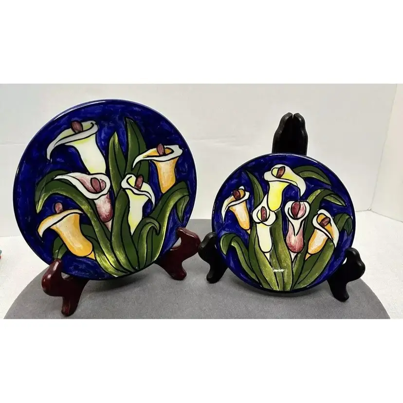 Pair of Hand Painted Calla Lily Decorative Incense Plates Signed