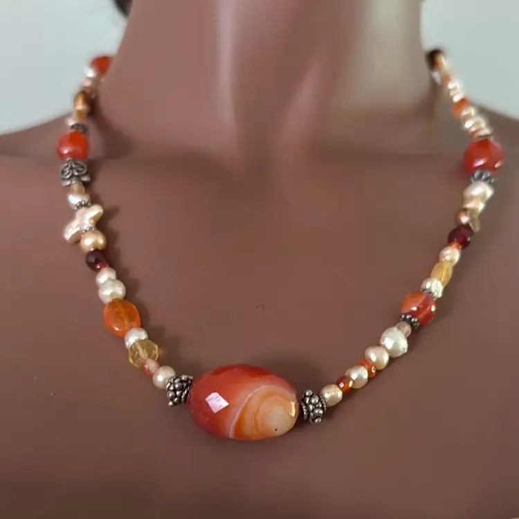 Handmade Artisan Sterling Silver Faceted Carnelian, Fresh Water Pearl,  24”Necklace