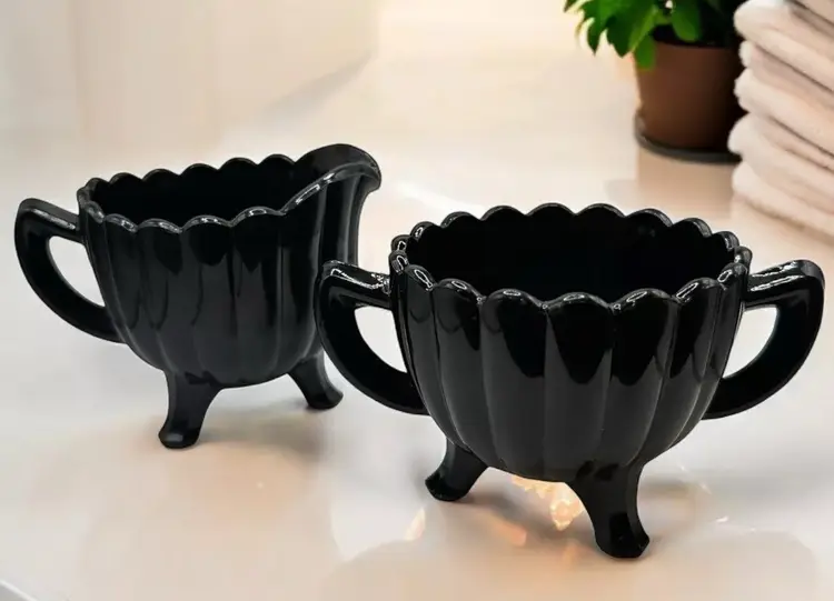 Black Imperial Glass Pillar Flute 3 Footed Sugar Bowl & Creamer Set Vintage