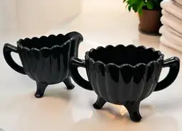 Black Imperial Glass Pillar Flute 3 Footed Sugar Bowl & Creamer Set Vintage
