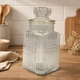 Vintage Koeze's 1939 Glass Candy Jar w Lid - Ribbed Square Apothocary. Jar