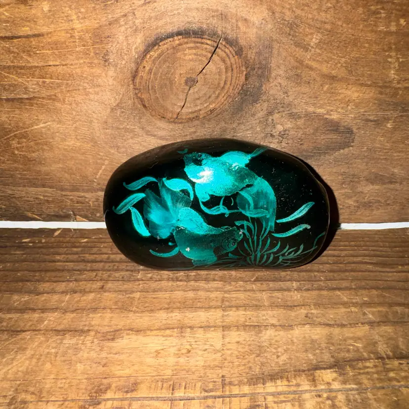 Vintage Oriental Lacquer Pebble With Aqua Painted Koi