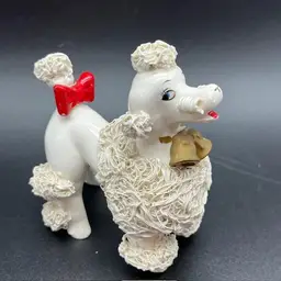 Spaghetti Poodle Napco 1950s White MCM Figurine with Red Bow & Gold Bells 4" x 4"
