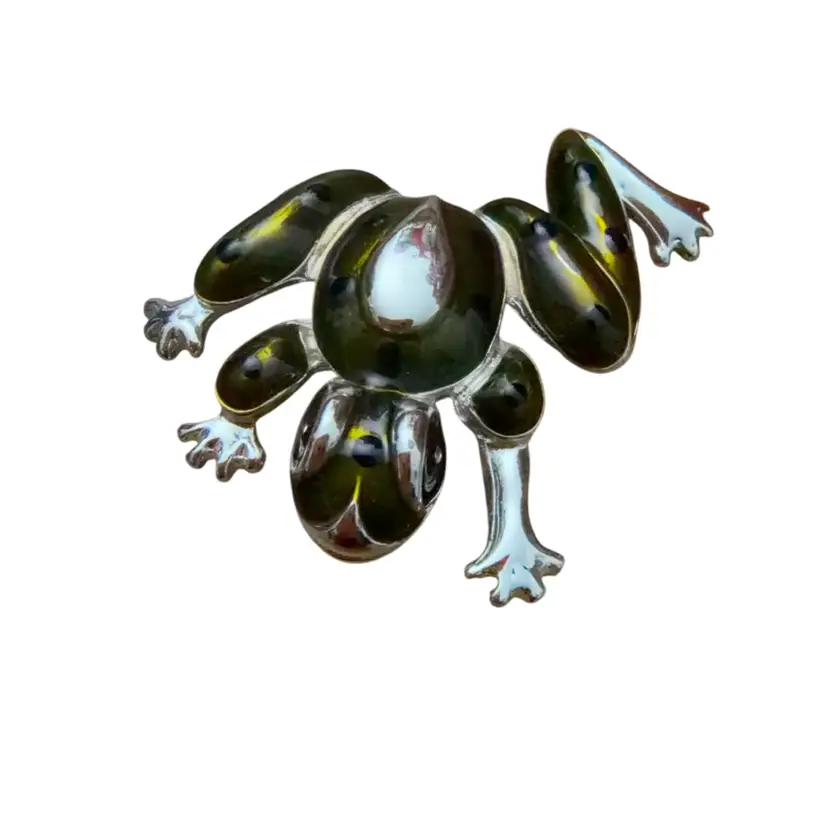 1980s Green Enamel Frog Pin: Vintage Silver Tone Brooch