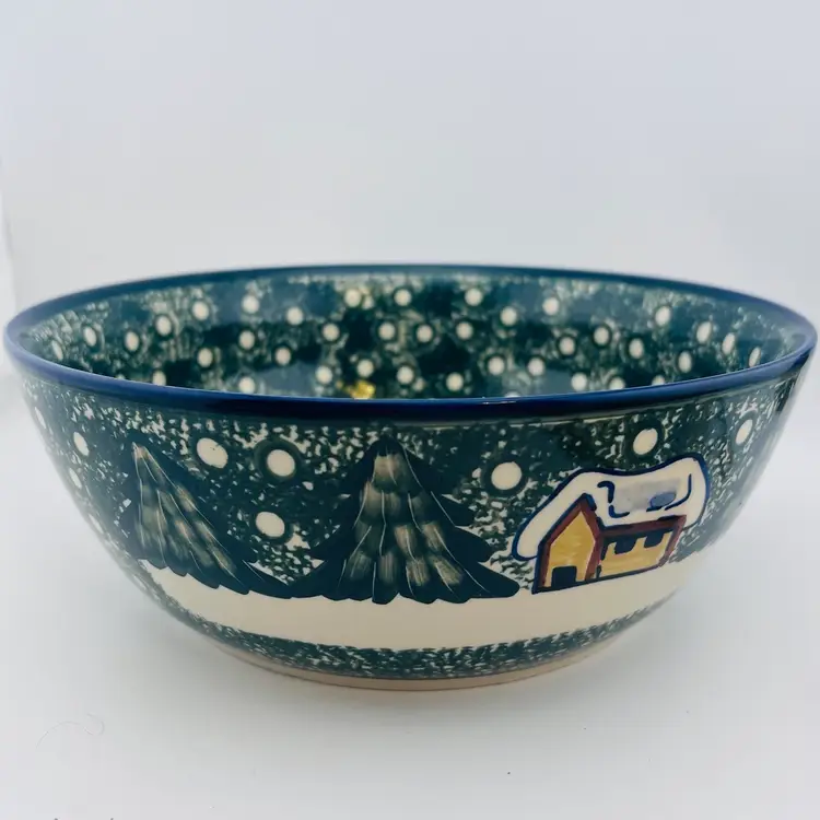 Vintage Unikat Polish Pottery Blue Rose Winter Forest Bowl 3.5”x 9”