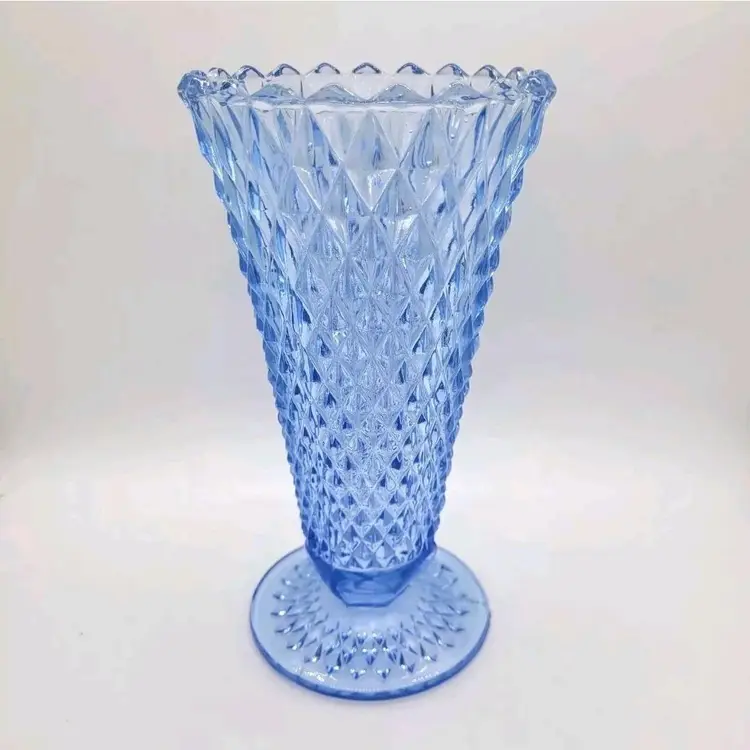 Indiana Glass Ice Blue Diamond Point Footed Vase Mid Century Modern 8" Tall