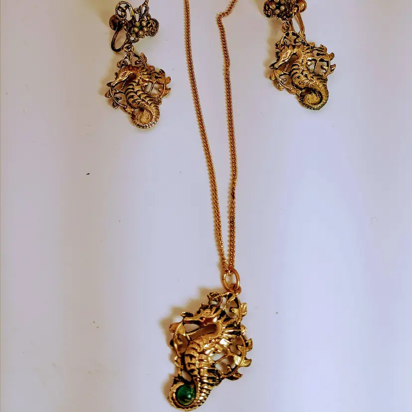 Vintage 1950s Brass Seahorse Necklace and Earrings Set