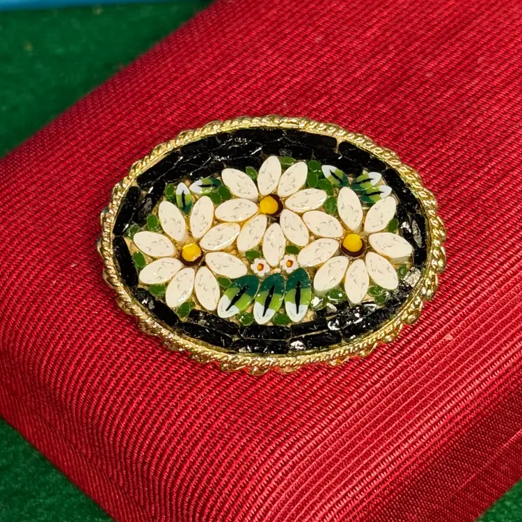 Micro Mosaic Oval Brooch Pin Italian Black Background Daisy White Flower Gold Tone