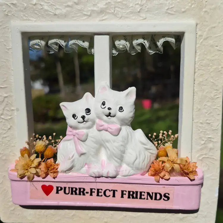 "Purr-fect Friends" Cats in Window Frilly Curtain  Hanging Frame