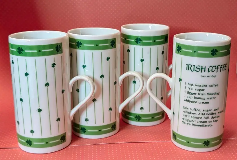 Irish Coffee Recipe Porcelain Coffee Mugs 4oz Shamrocks Green White