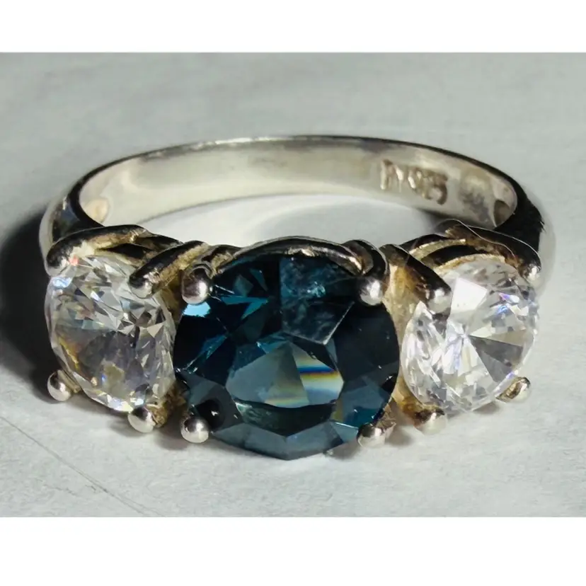 Sterling Silver Sapphire & CZ Ring- Size 7.75