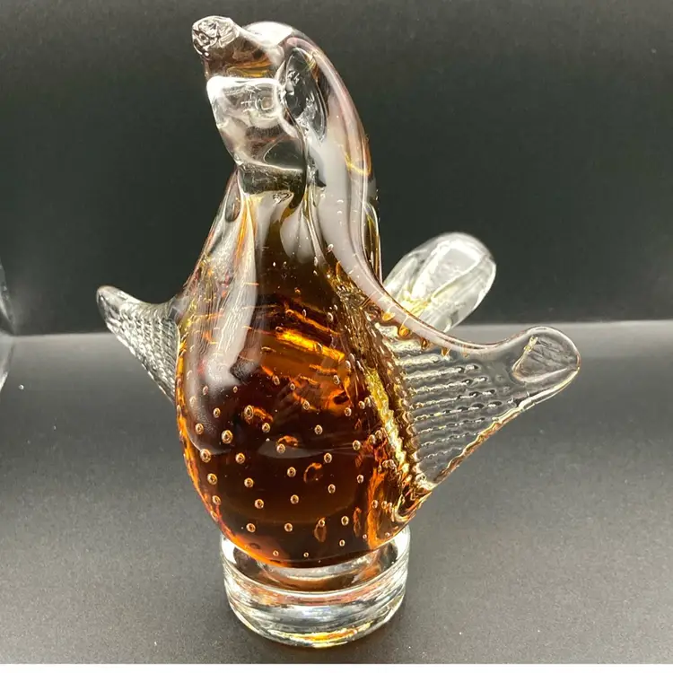Awesome Amber Penguin Paperweight With Controlled Bubbles  And Makers Base Still Attached 9” Tall 5 1/2” Wing Span 5 1/2” Belly To Tail Tip