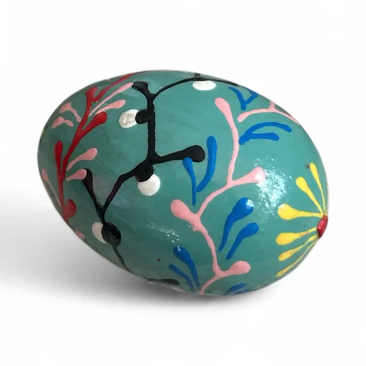 Hand Painted Pisanka Teal And Multicolor Wooden Egg