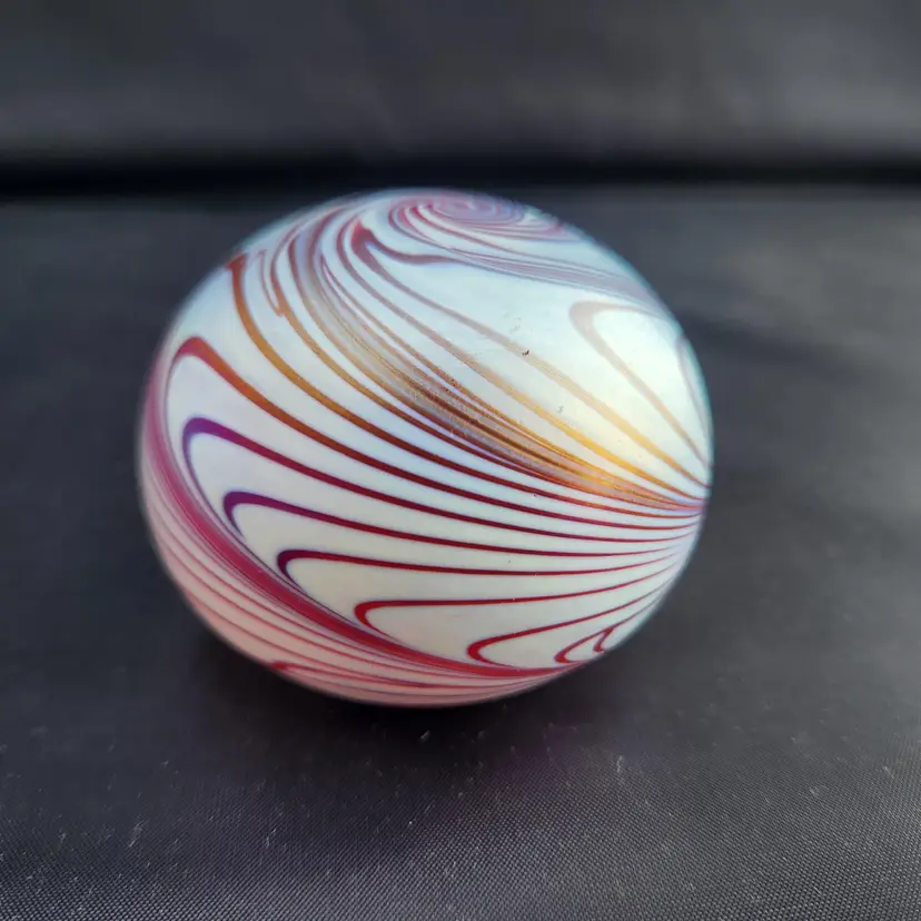 Lustre Art Glass Paperweight in Cranberry & White Spiral Swirl by Trout Studios of Virginia Iridescent Pink Twist Signed - USA