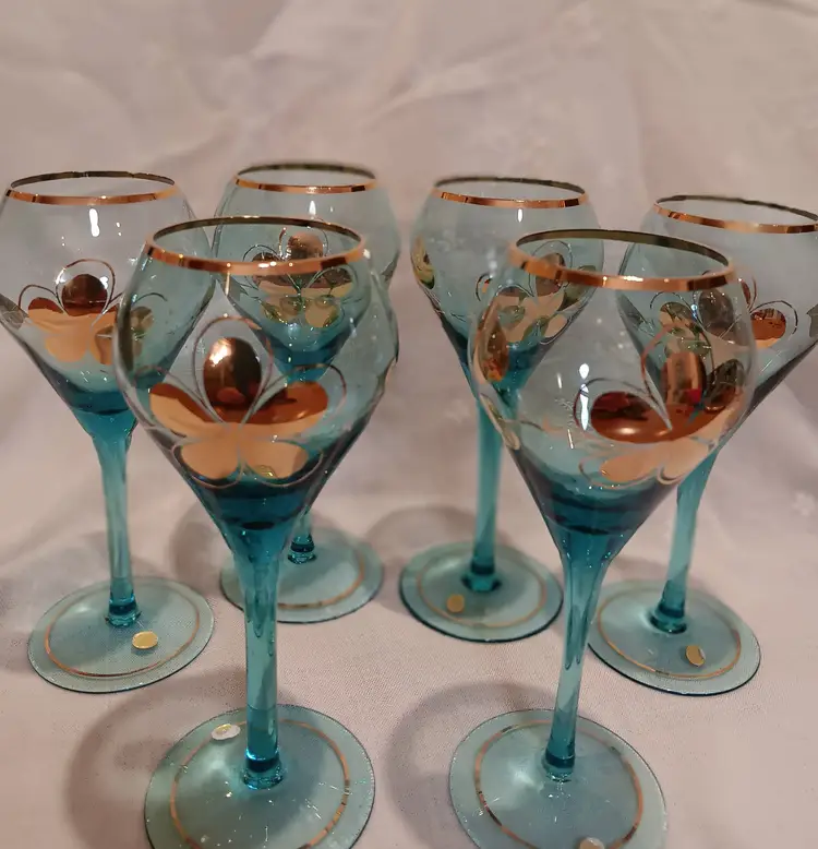 Stunning Vintage Aqua and Gold Hungarian Bohemian Wine Glasses. Set of 6