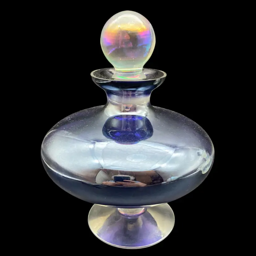 BIN - Purple Iridescent Art Glass Vessel Genie Bottle With Clear Iridescent Stopper 7.5”