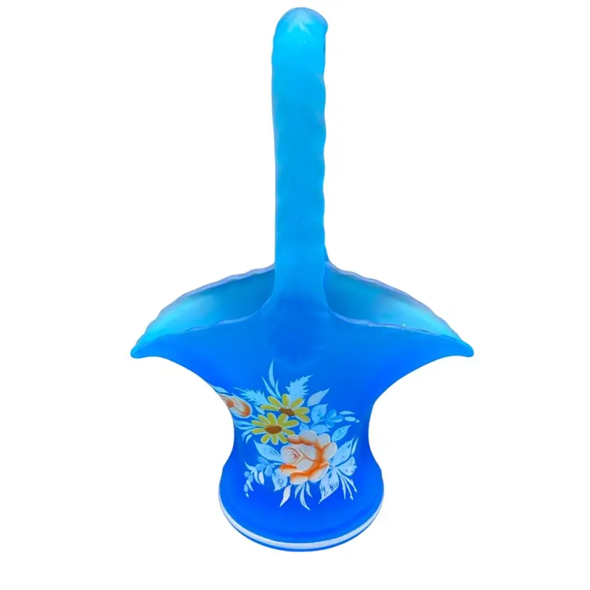 Vintage Westmoreland Blue Satin Glass Basket, Flower Bouquet, White Trim