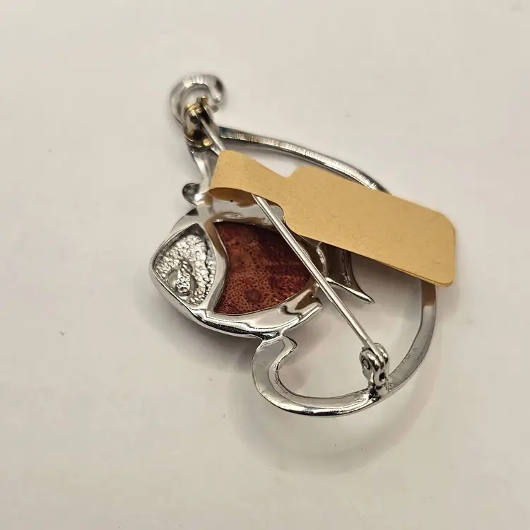 #105 Vintage Sterling Silver Coral Fish Brooch