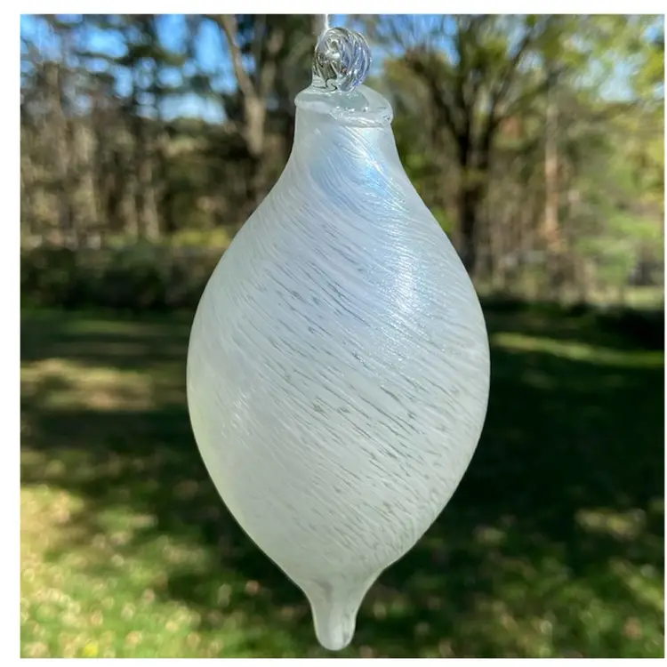Hand-Blown, Hanging Art Glass Orb. White Iridescent Color. No Signature. Hanger Not Included. 5.25”h.