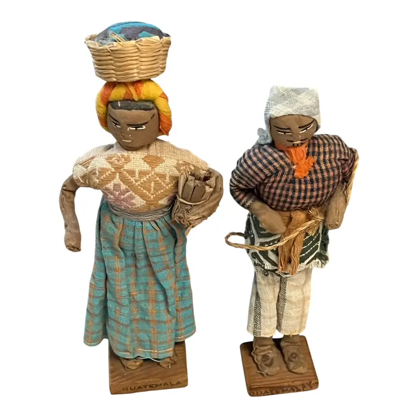 Vintage Handcrafted Guatemalan Dolls - Traditional Clothing, Ceramic Bowl & Cultural Heritage