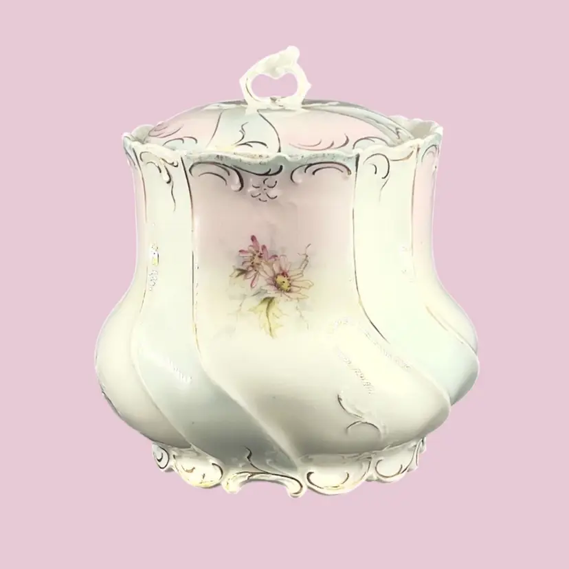 Victorian Biscuit Jar Canister Hand Painted Daisy Gilded Porcelain Cookie Container