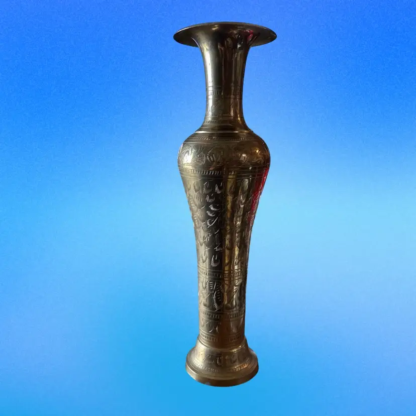 Vintage Beautiful Brass Etched Vase Made In India Embossed 14” Ex Condition