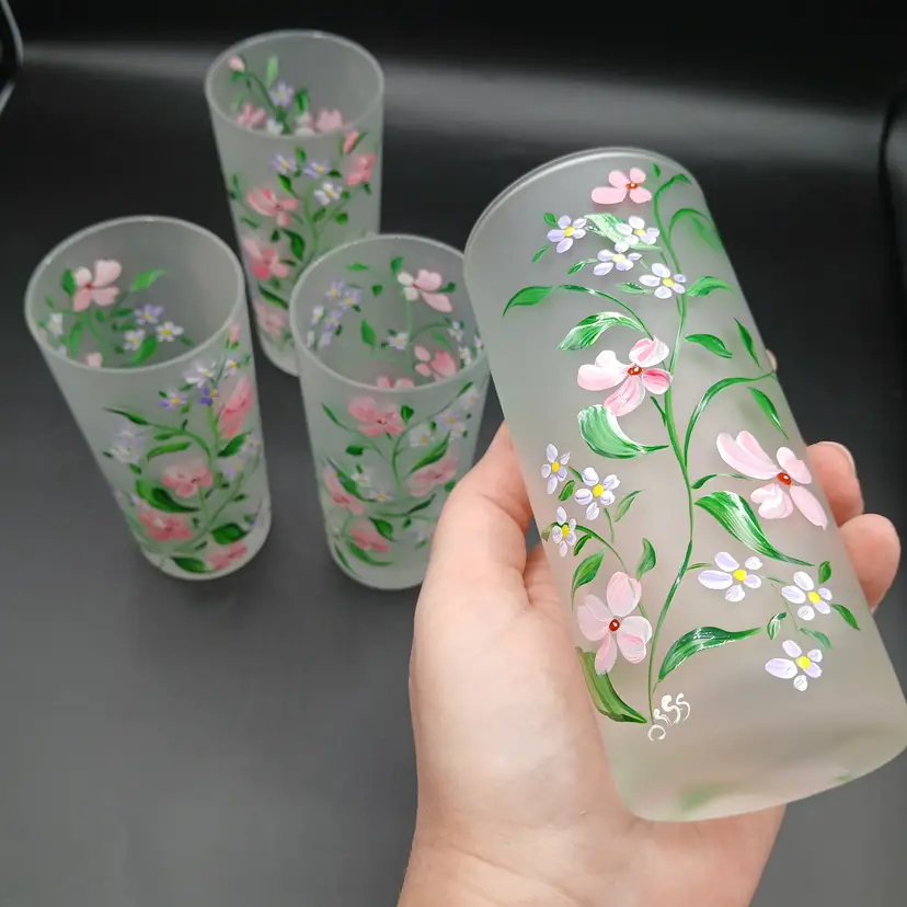 #216 - Beautifully Hand-painted Florals on Frosted Glass Tumblers- Set of 4