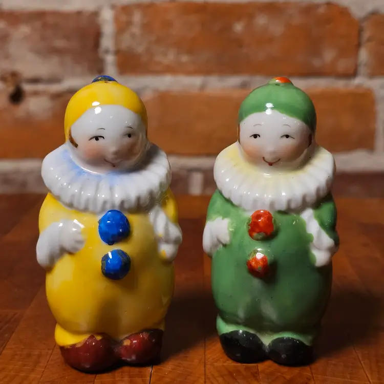 Vintage Anthropomorphic Clown Salt Pepper Shakers Japan Yellow Green Harlequin Pair