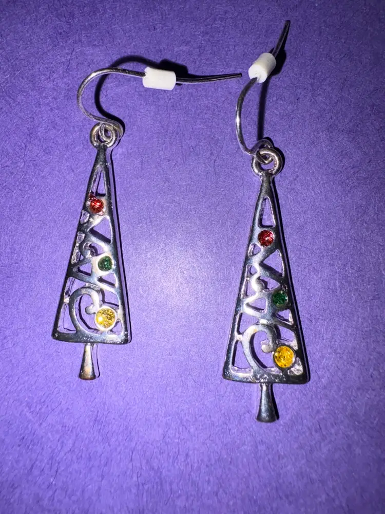 Vintage Christmas Tree Pierced Earrings - 1.25” Dangle — Silver Tone With Colored Dots