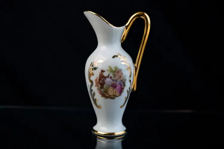 Limoges Vintage Miniature Pitcher Courting Couple White Gold Trim 3.5" France