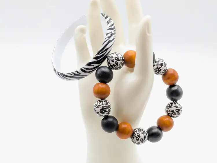 Zebra Print Bangle and Wood Stretch Bracelet with Zebra Accents
