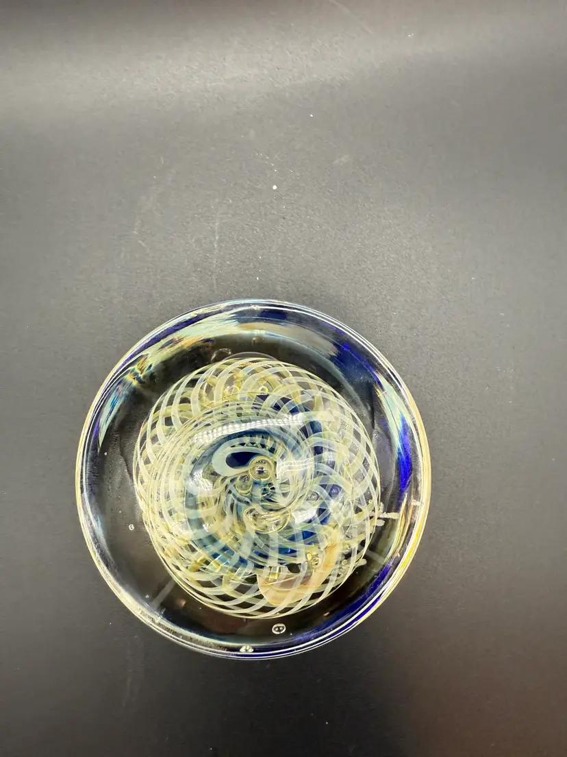 Artist Signed Paperweight Blue and Yellow Swirls (unable to tell signature)