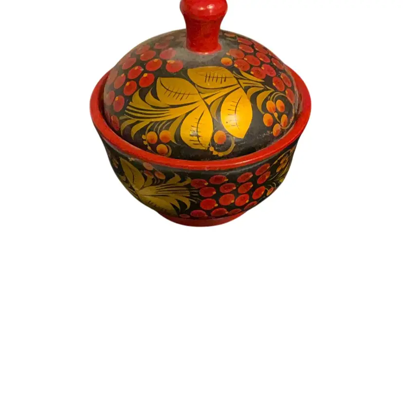 Russian Khokloma Sugar Bowl Or Trinket Box. Measures 4”x4”x4.5”