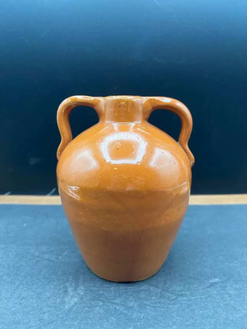 #926B Vintage Double Handle Brown Glazed Pottery Jug