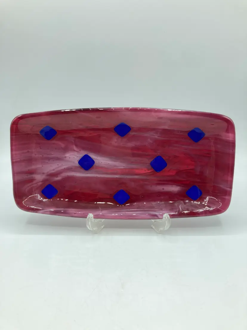 Fused Art Glass Purple Swirl Rectangle Plate Tray Trinket Dish Signed 9.5" x 5"