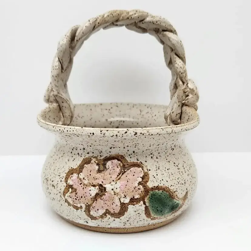 Vintage Linda Martin Handmade Stoneware Basket, White Speckle, Pink Flower, 1992