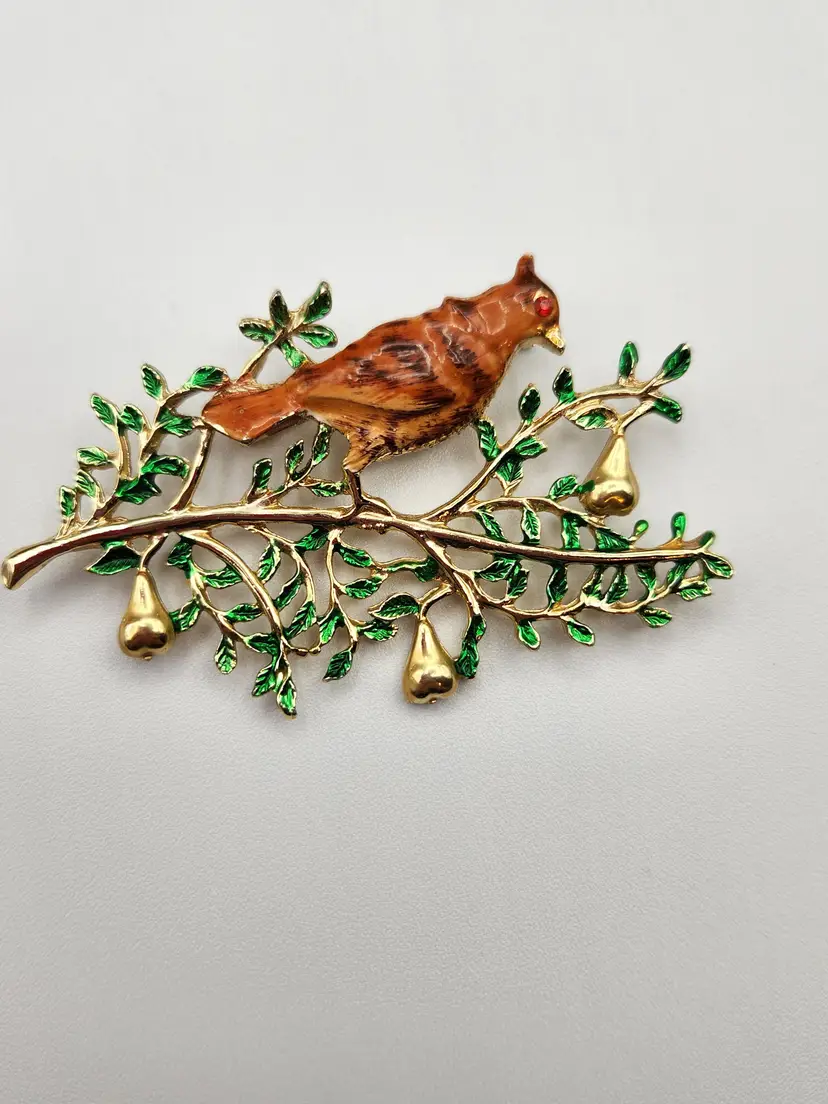 Vintage Signed BJ Holiday Partridge In A Pear Tree Brooch
