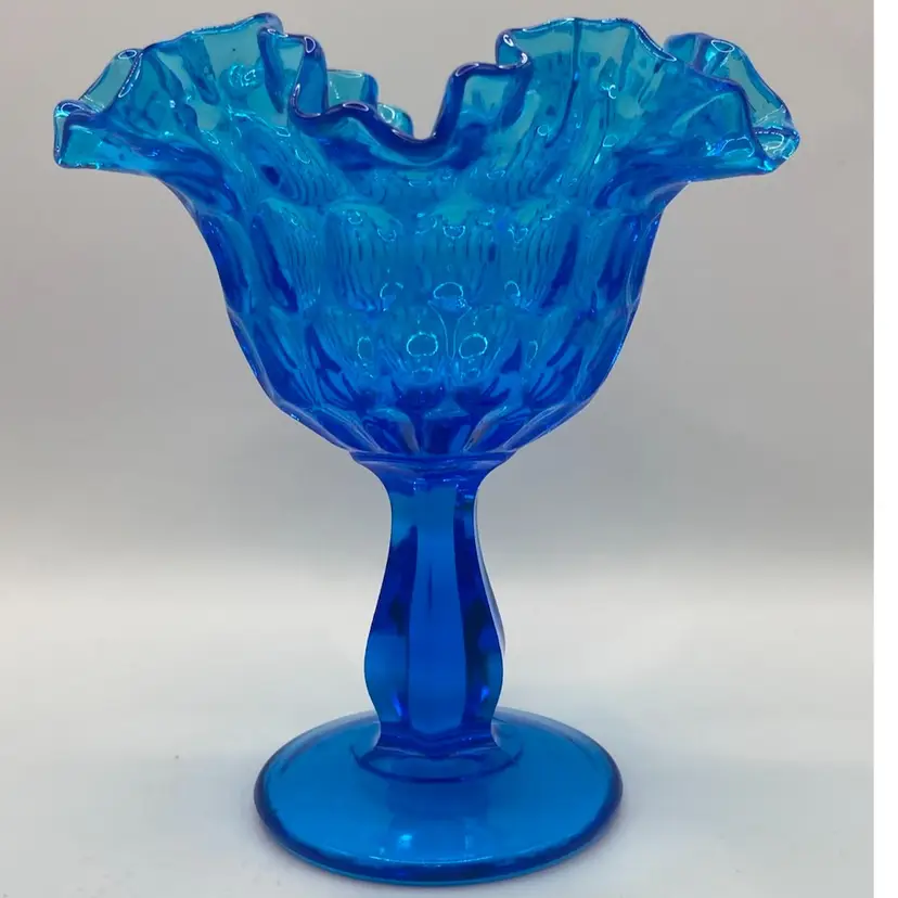 Vintage Fenton Thumbprint Ruffled Edge, Colonial Blue Compote/ Candy Dish, 6 1/4β Tall X 5 1/4β Wide