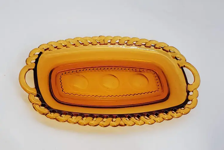 Vintage Indiana Glass King's Crown Thumbprint Amber Sugar, Cream and 9" Tray